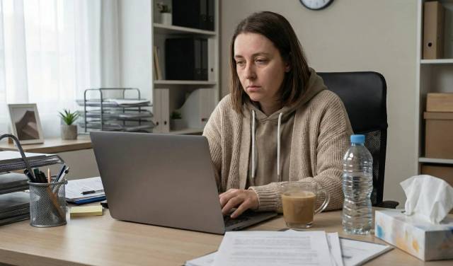 Une femme malade de la grippe, assise à son bureau à domicile avec des mouchoirs, travaille sur son ordinateur portable