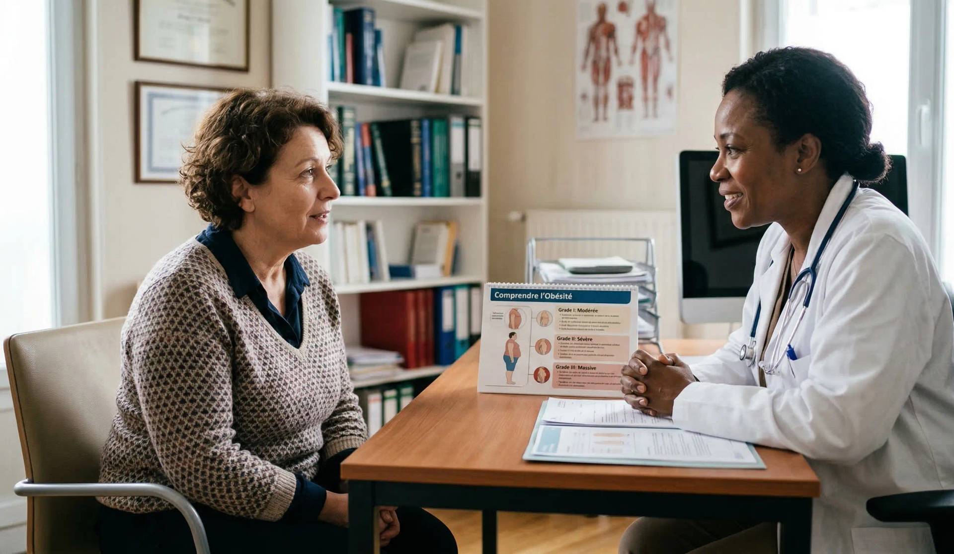 Consultation médicale entre une femme médecin et sa patiente portant sur une brochure d'information intitulée « Comprend