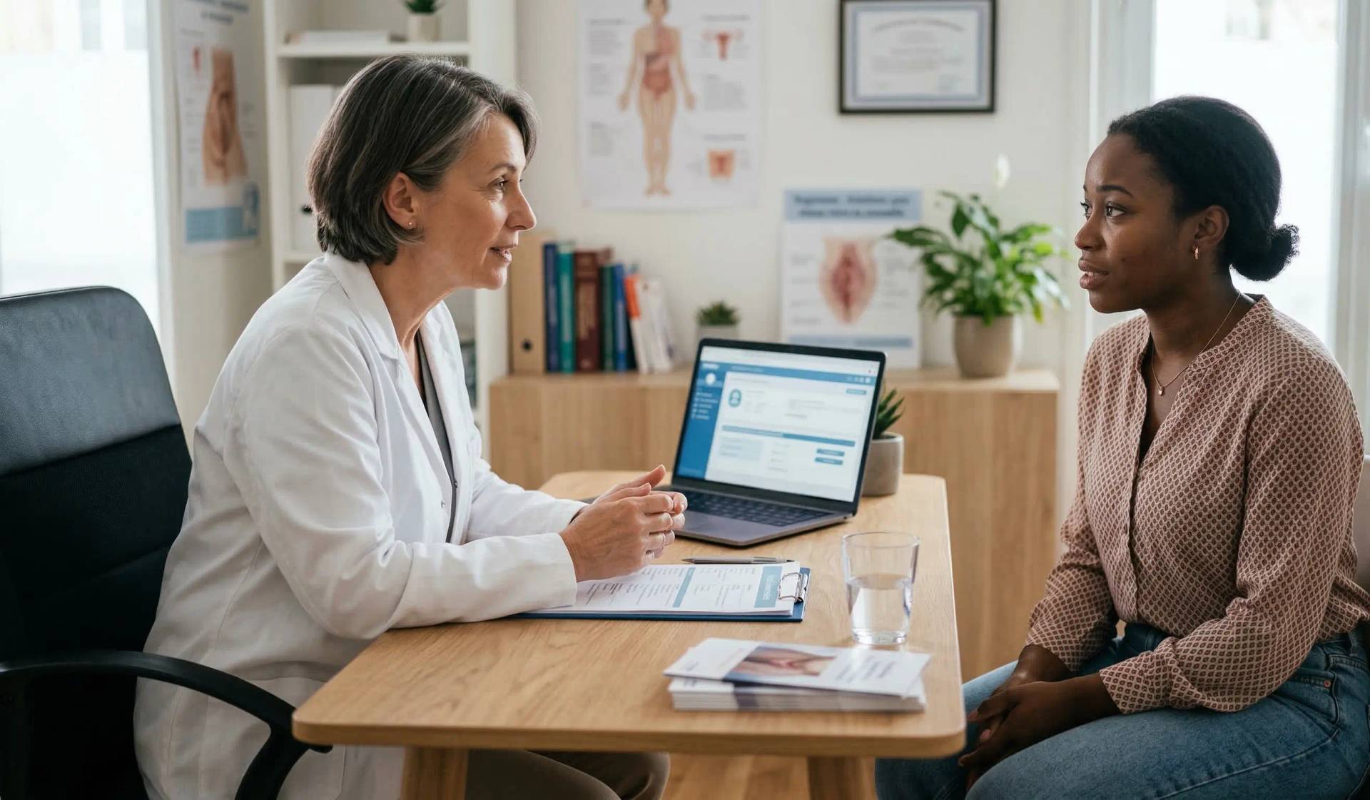 Une consultation médicale empreinte d'écoute et de bienveillance entre une professionnelle de santé et sa patiente au su