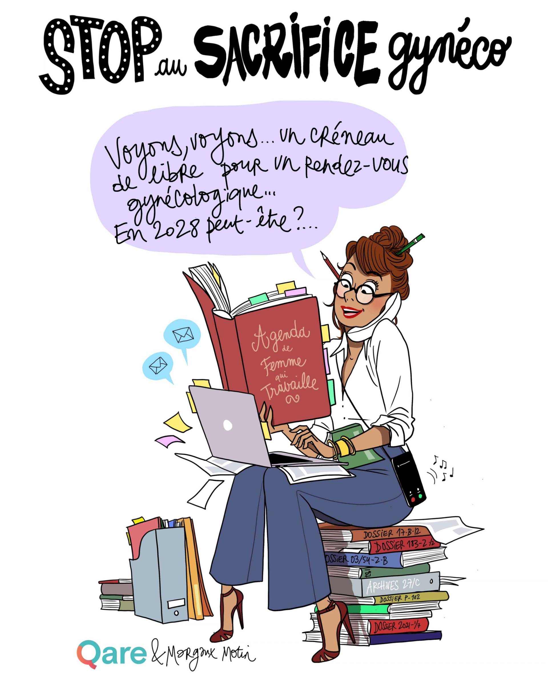 Dessin « Stop au sacrifice gynéco » : une personne en blouse lisant parmi des livres.