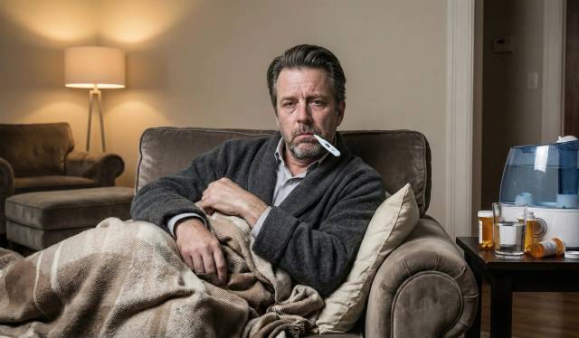 Homme sous une couverture dans un fauteuil, thermomètre en bouche.