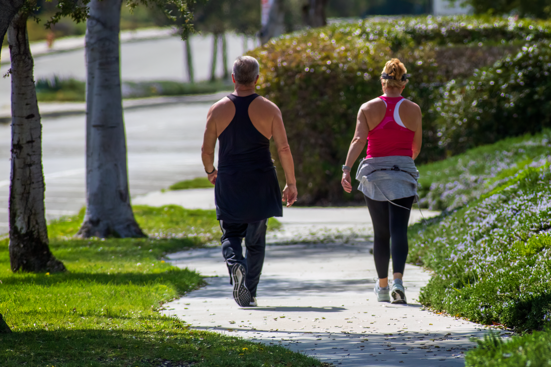 Deux personnes marchant sur un chemin dans un parc.