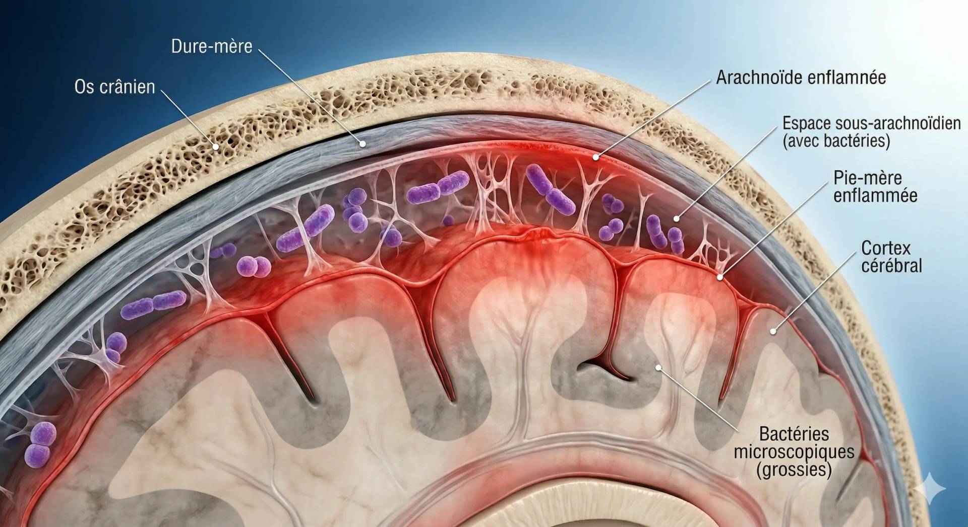 Illustration médicale d'une méningite bactérienne montrant l'inflammation des méninges du cerveau