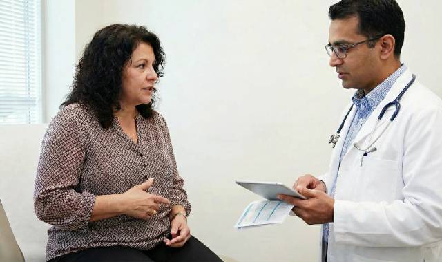 Une femme échange avec son médecin sur sa santé abdominale lors d'une consultation médicale dans un cabinet sobre et professionnel
