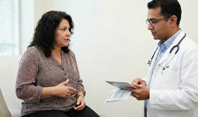 Une femme échange avec son médecin sur sa santé abdominale lors d'une consultation médicale dans un cabinet sobre et professionnel