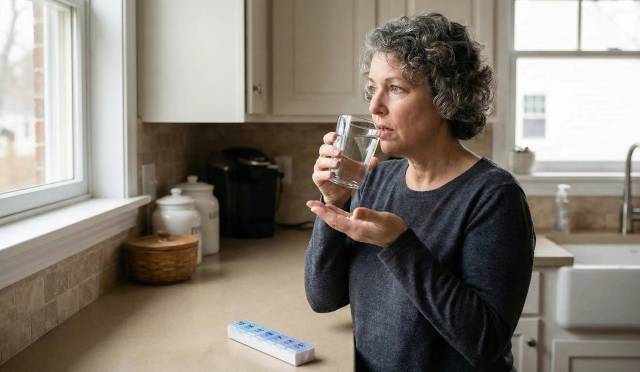 Femme âgée prenant ses médicaments avec un verre d'eau dans sa cuisine, un pilulier posé sur le comptoir.