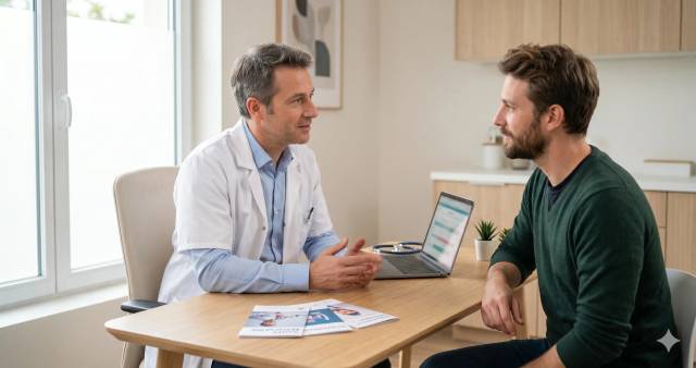 Médecin généraliste français en consultation avec un patient masculin pour le dépistage de la trichomonase chez l'homme