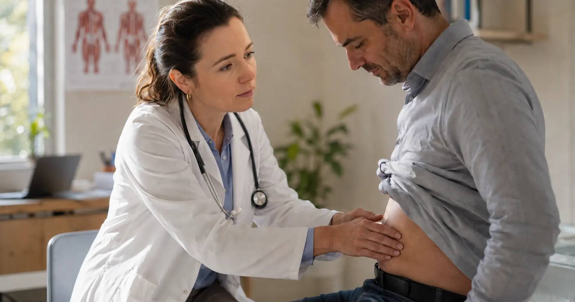 Médecin généraliste palpant le côté gauche de l'abdomen d'un patient lors d'une consultation pour mal de ventre à gauche