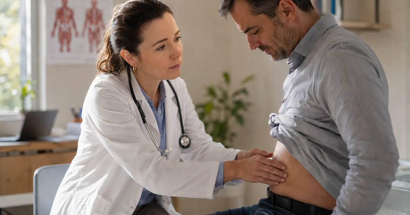 Médecin généraliste palpant le côté gauche de l'abdomen d'un patient lors d'une consultation pour mal de ventre à gauche