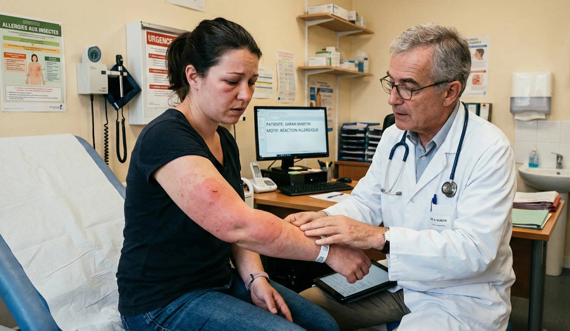 Un médecin examine en cabinet le bras fortement rougi et enflé d'une patiente souffrant d'une sévère réaction allergique