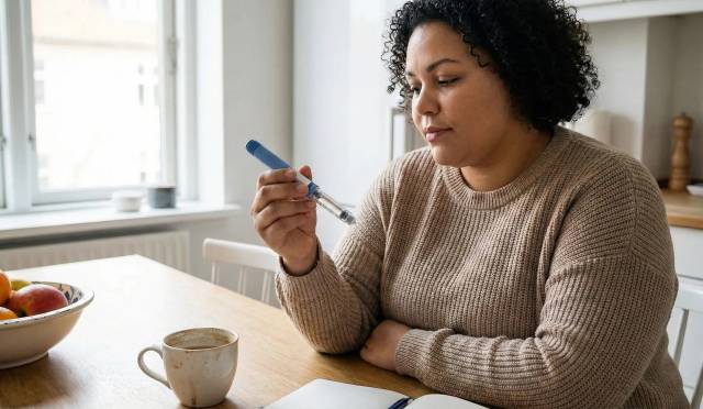 Femme en situation d'obésité assise dans une cuisine lumineuse, tenant et regardant pensivement un stylo injecteur de li