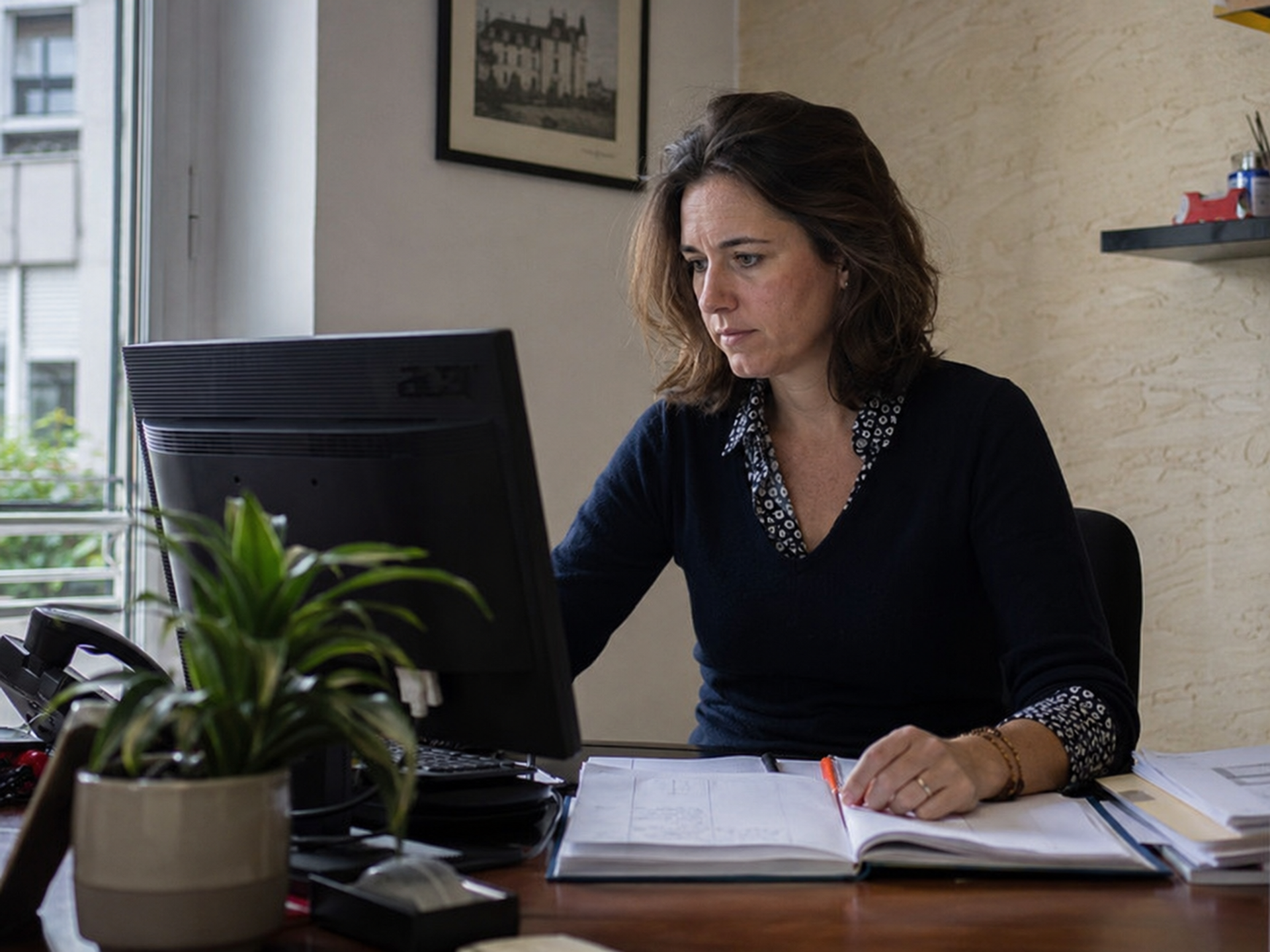 Femme devant un ordinateur, avec un carnet ouvert et un stylo à la main.