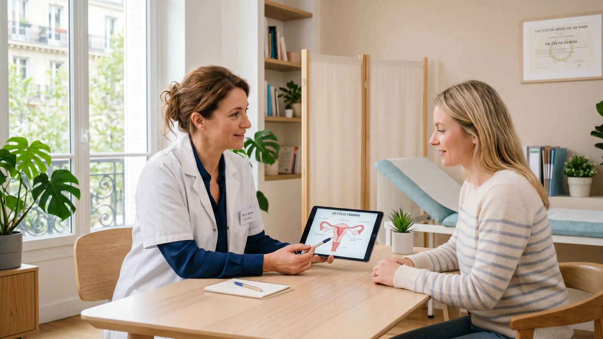 Gynécologue expliquant à une patiente les causes d'une perte blanche grumeaux lors d'une consultation médicale
