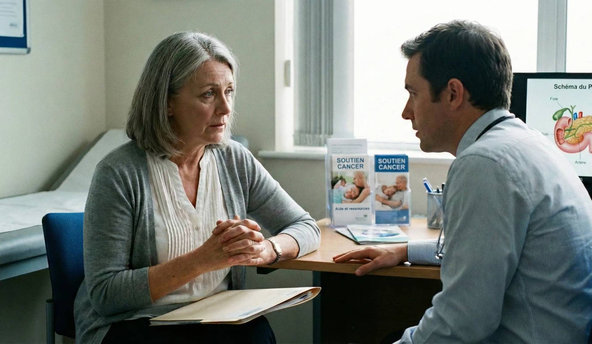 Une femme âgée aux cheveux gris écoute attentivement son médecin généraliste lors d'une consultation médicale concernant