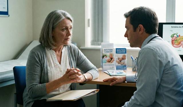 Une femme âgée aux cheveux gris écoute attentivement son médecin généraliste lors d'une consultation médicale concernant