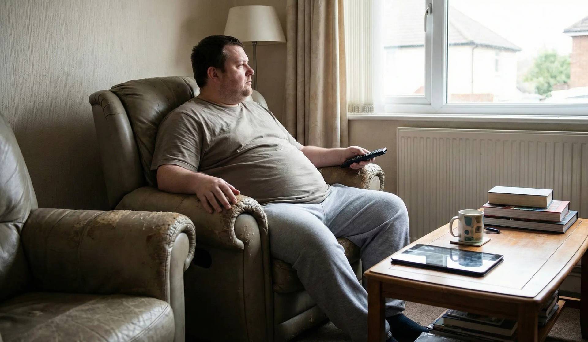 Homme en surpoids assis dans un fauteuil avec une télécommande, illustrant un mode de vie sédentaire et les conditions p