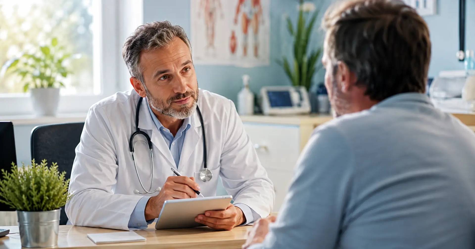Médecin généraliste en consultation avec un patient pour évaluer les symptômes d'une infection à hantavirus en cabinet m