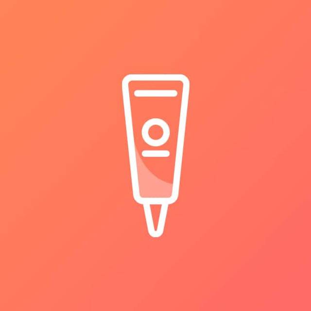 Pictogramme blanc d’un tube de crème sur fond orange.