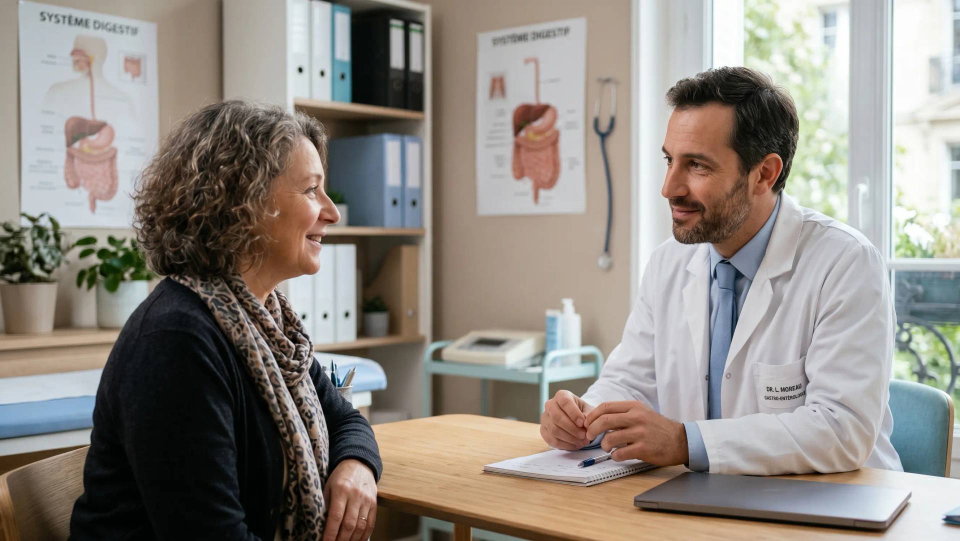Médecin gastro-entérologue en consultation avec une patiente pour évaluer un saignement rectal et l'origine du sang dans