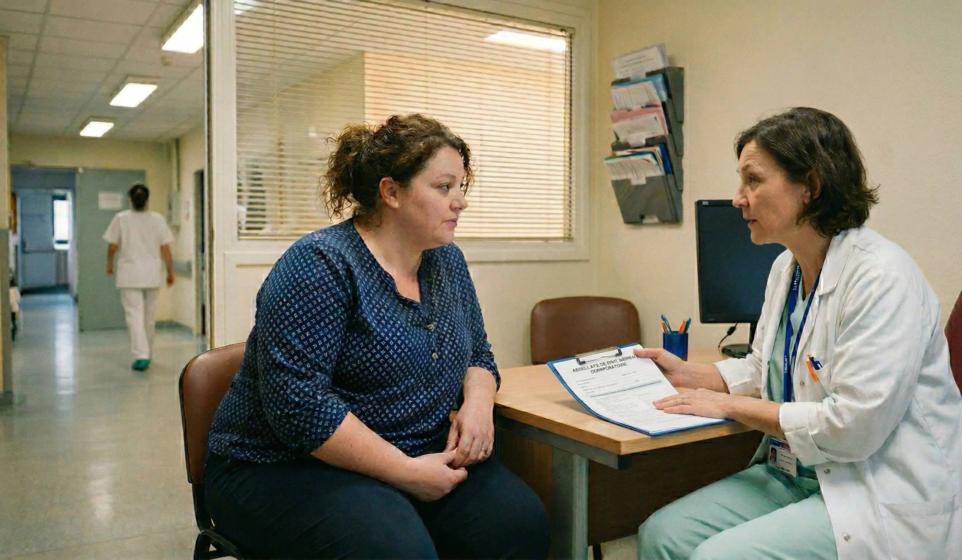 Une professionnelle de santé en blouse explique un dossier médical à une patiente attentive lors d'une consultation hosp