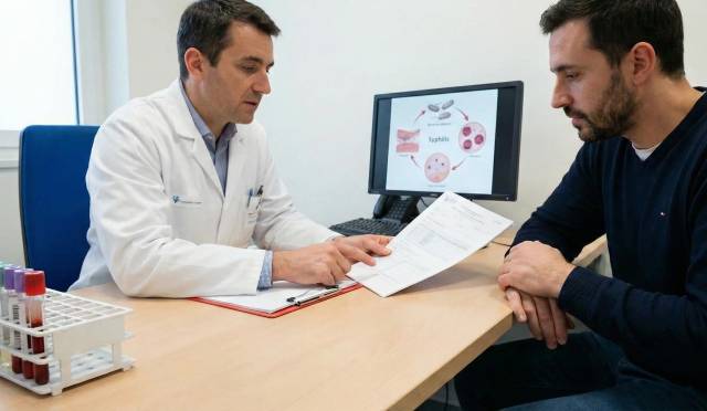Médecin expliquant le protocole de traitement de la syphilis à un patient lors d'une consultation.