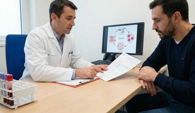Médecin expliquant le protocole de traitement de la syphilis à un patient lors d'une consultation.