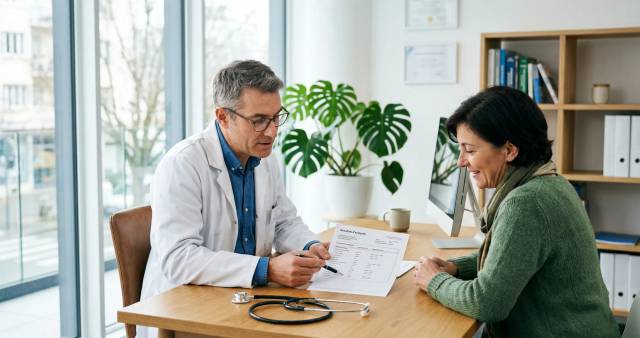 Médecin et patient en consultation pour le dépistage d'une intoxication au cadmium et l'analyse d'un bilan rénal