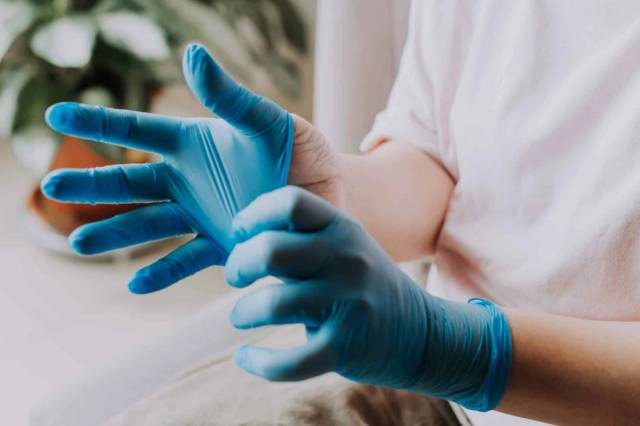 Personne en blouse enfilant des gants bleus.