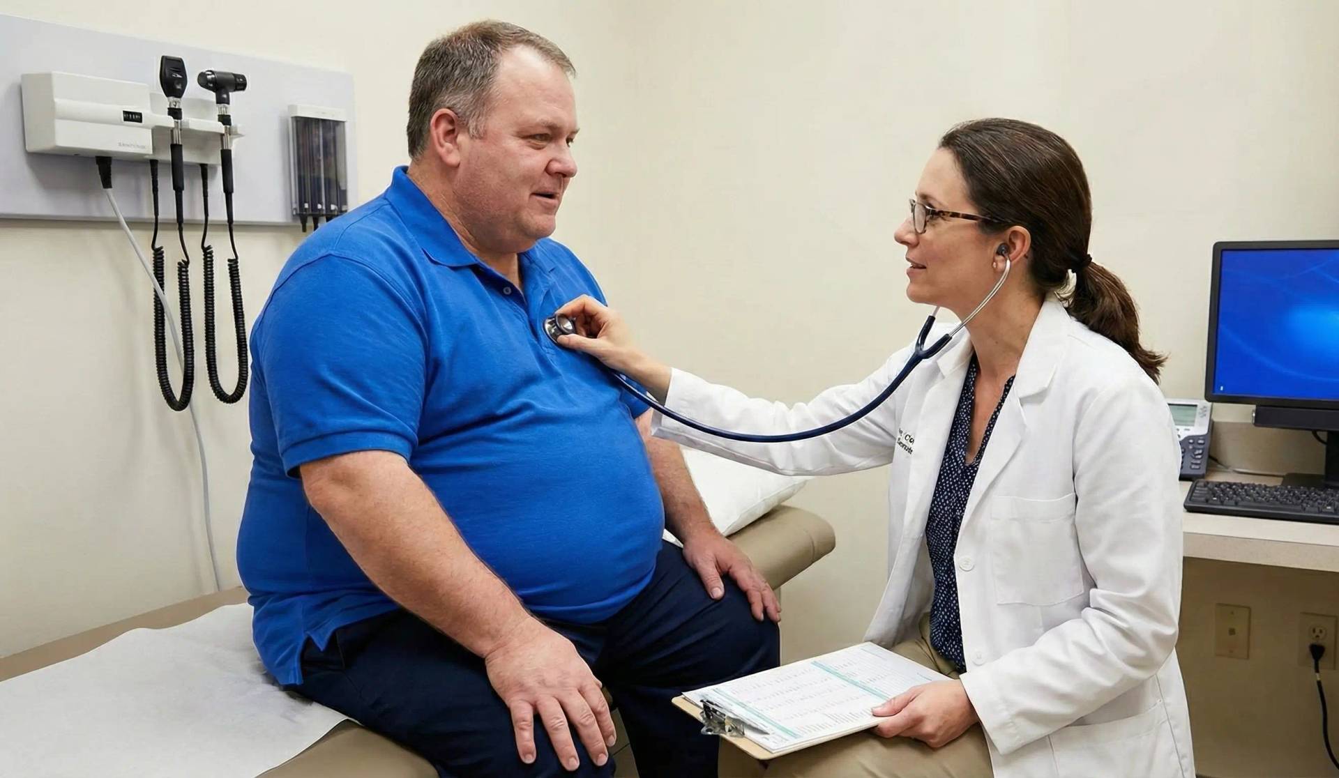 Une femme médecin examine un patient obèse avec un stéthoscope dans un cabinet médical.