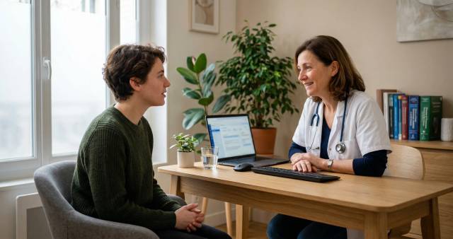 Médecin consultant un patient pour le suivi d'un herpès génital dans un cabinet médical moderne