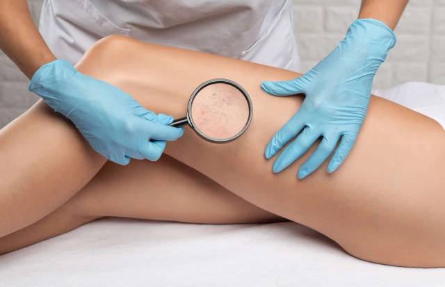 Médecin examinant les jambes d'une patiente pour évaluer un traitement des varices