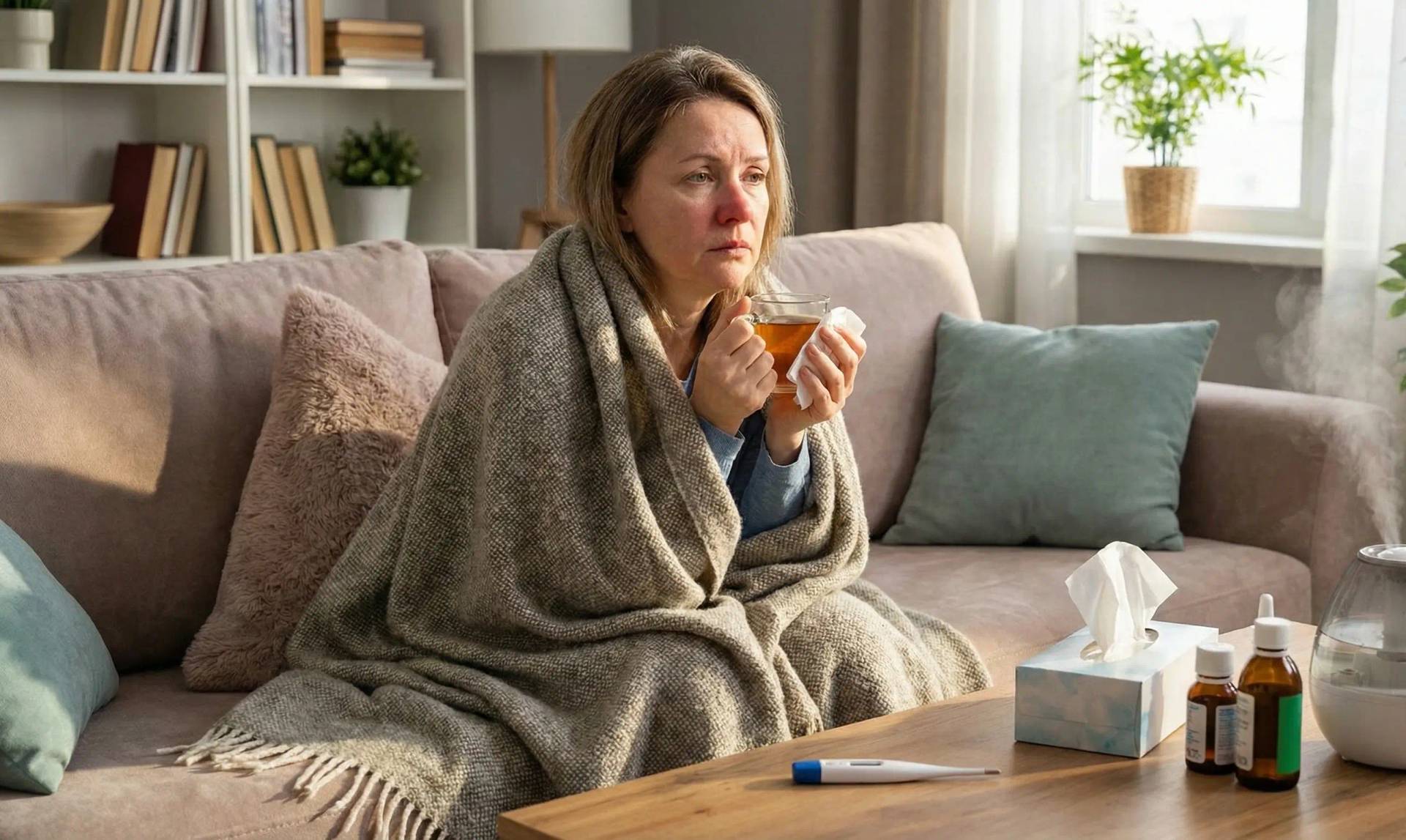 Femme enveloppée dans une couverture avec une tasse, des mouchoirs et des flacons à proximité.