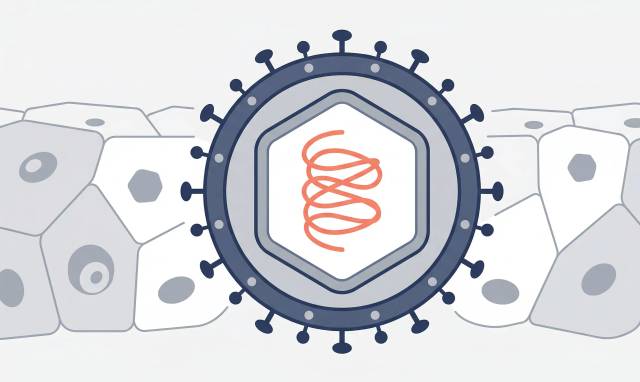 Illustration stylisée d’une particule virale entourée de cellules.