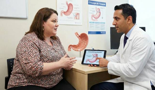 Professionnel montrant un schéma d’anneau gastrique sur tablette à une femme.