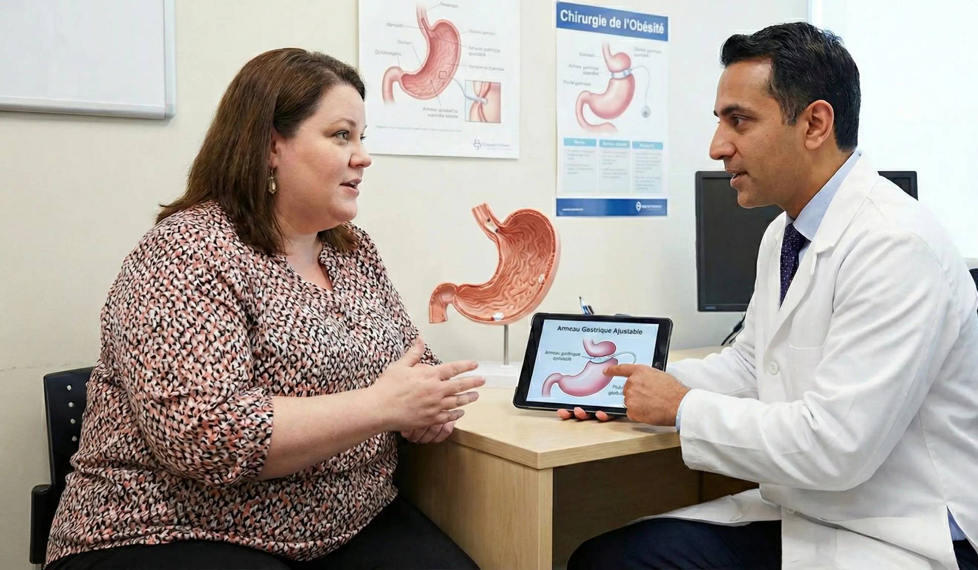 Professionnel montrant un schéma d’anneau gastrique sur tablette à une femme.