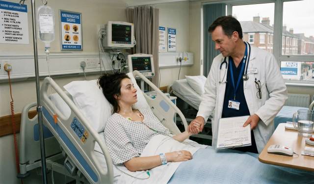 Un médecin en blouse blanche console une patiente dans une chambre d'hôpital de l'NHS au Royaume-Uni.