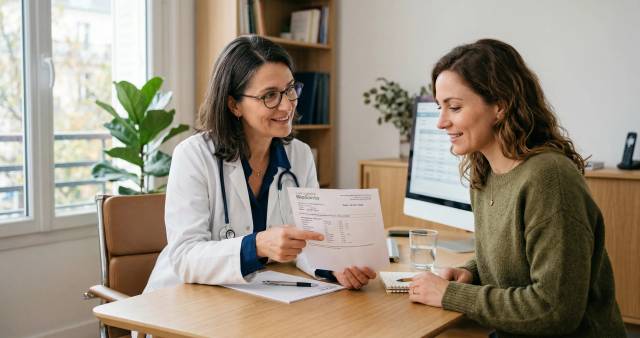 Professionnelle expliquant un document à une femme dans un cabinet.