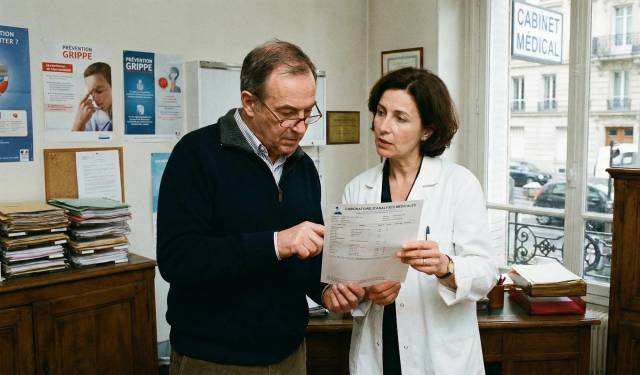 Un patient et son médecin consultent attentivement des résultats d'analyse sanguine dans un cabinet médical