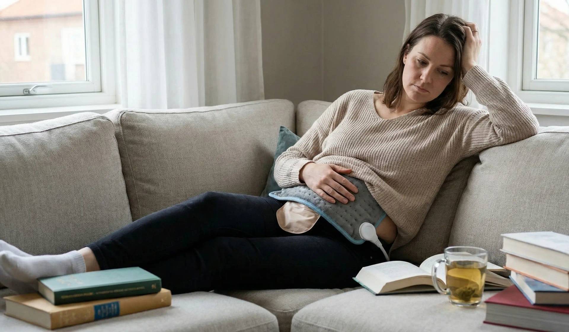Femme allongée sur un canapé avec une bouillotte sur le ventre.