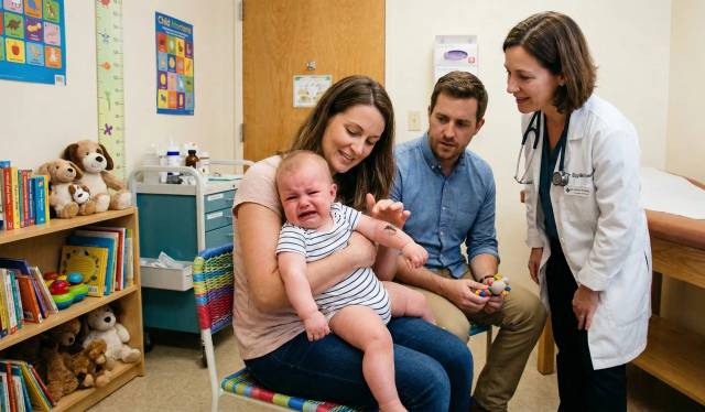 Deux adultes accompagnant un bébé en pleurs auprès d’une professionnelle.