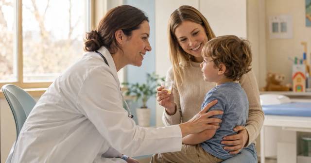 Pédiatre examinant un enfant qui vomit pendant que le parent donne une solution de réhydratation orale