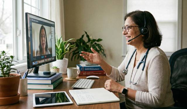 Femme médecin en téléconsultation devant son écran d'ordinateur.