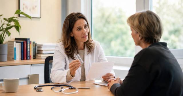 Médecin expliquant à un patient le déroulement d'un traitement par corticoïdes lors d'une consultation en cabinet.