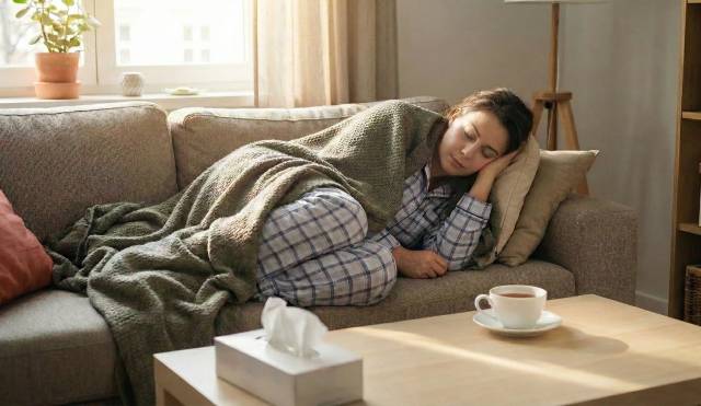 Femme endormie sur un canapé, couverte d’un plaid, avec des mouchoirs à proximité.