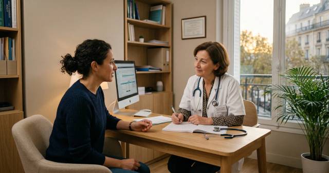 Femme en consultation avec une professionnelle en blouse.