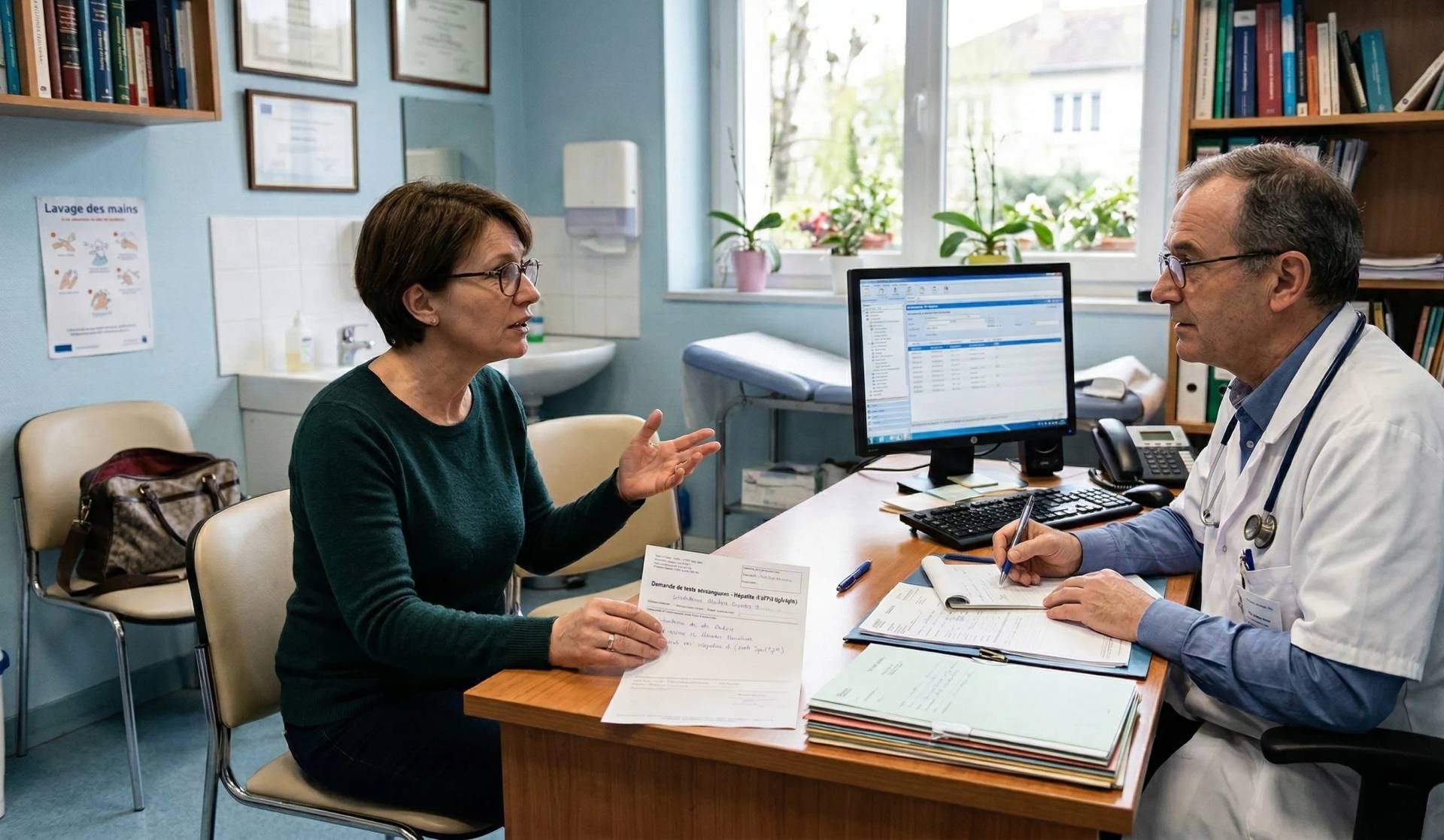 Femme échangeant avec un professionnel dans un cabinet équipé d’un ordinateur.