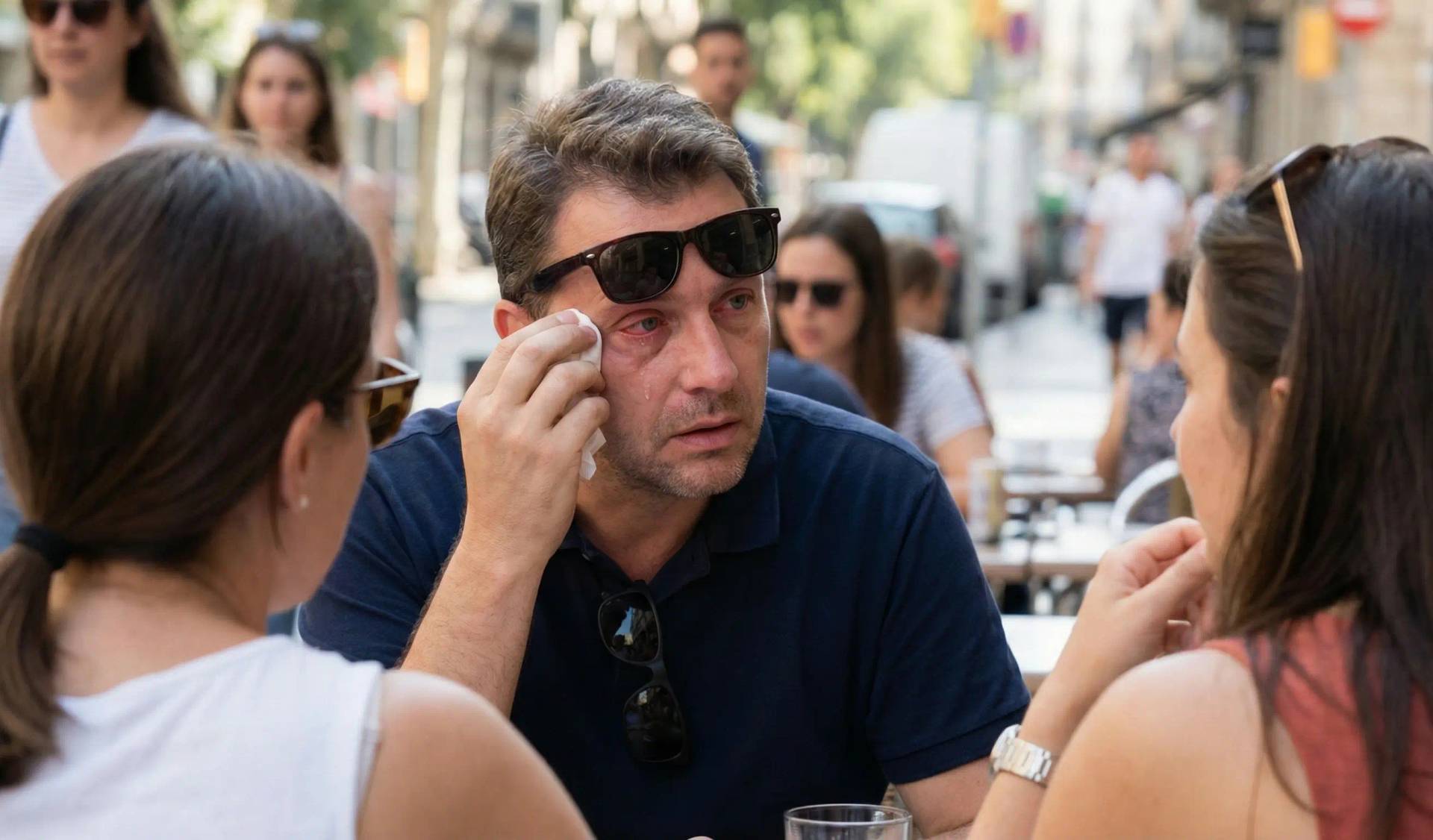 Homme essuyant son œil rouge en public avec lunettes de soleil - symptômes conjonctivite