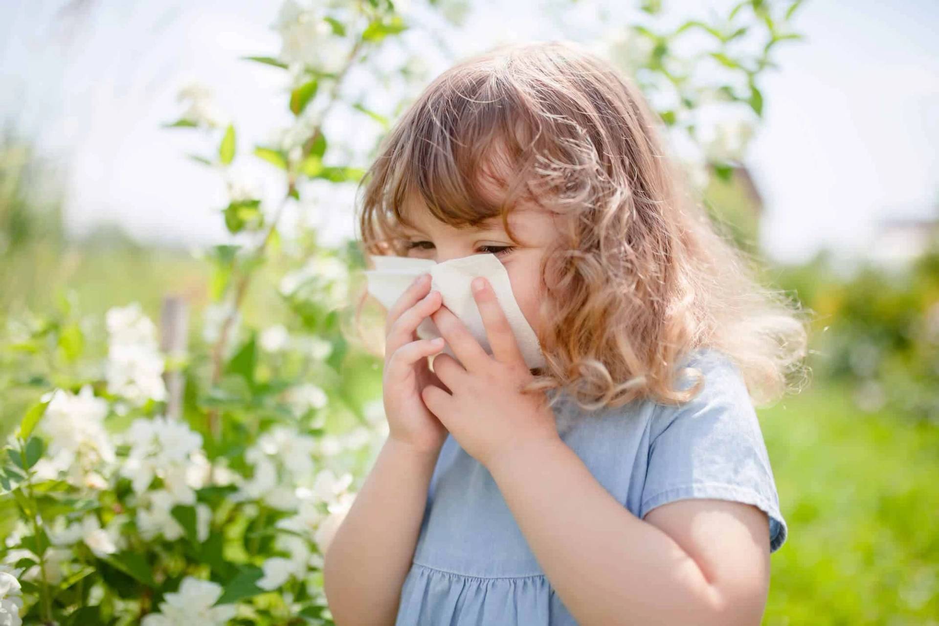 Enfant se mouchant près de fleurs à l’extérieur.