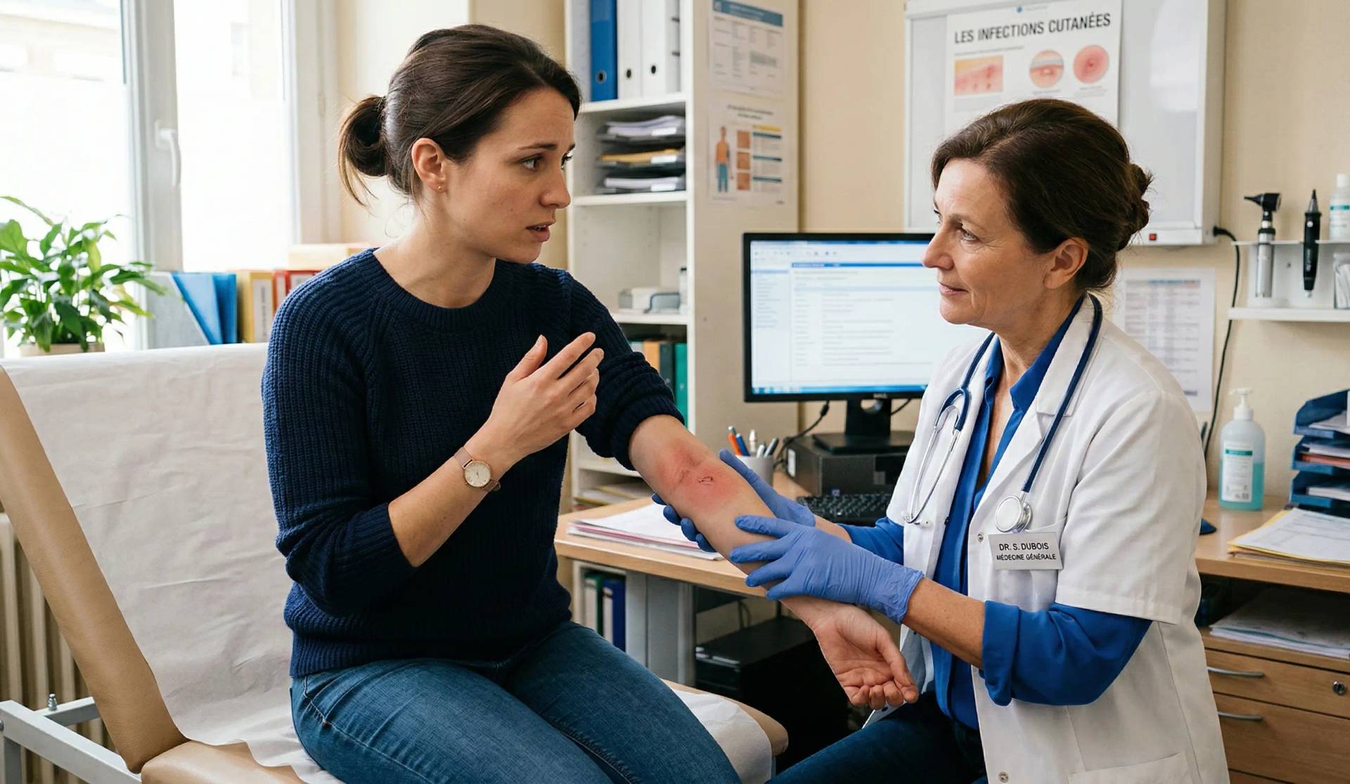 Professionnelle examinant une rougeur importante sur le bras d’une femme.