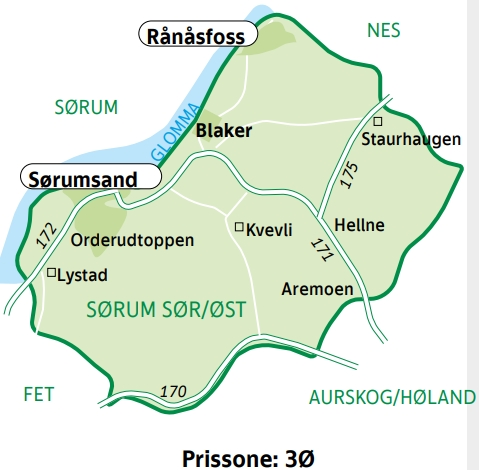Kart over bestillingstransport i Sørum sør øst